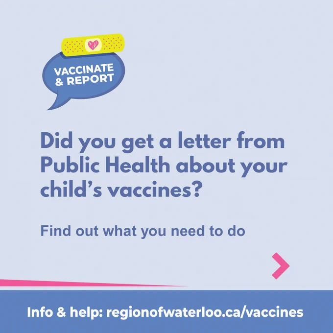 Vaccinate and Report logo with bandage. Text:  Did you get a letter from Public Health about your child’s vaccines? Find out what you need to do.