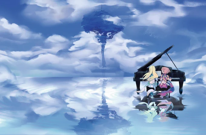 pyra and mythra sit at a piano over a boundless plane of water. the sky is vast and reflected, filling the whole screen. In the distance is the world tree