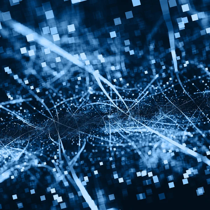 IMAGE: Abstract graphic of numerous small squares and curved lines, in shades of blue on a dark background.