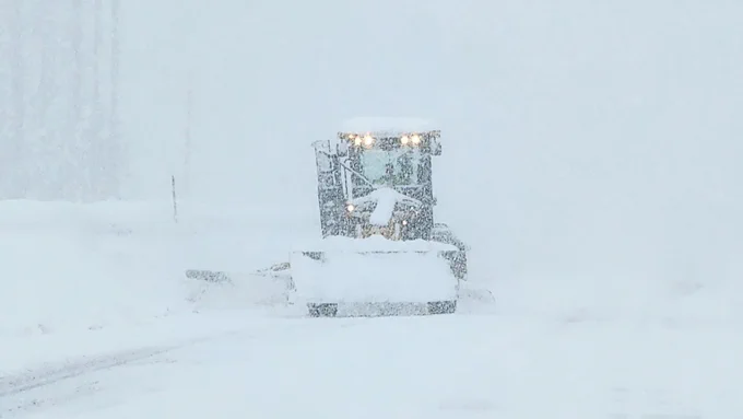 An ODOT plow operator works diligently in whiteout conditions on Oregon 230 near Diamond Lake on March 14, 2025.