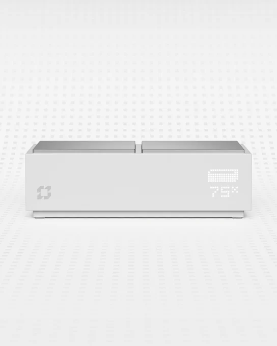 A Gridstack modular storage device with a minimalist white design. The device is configured with only internal NVMe storage, as indicated by the absence of external blocks on top. The front panel features a small LED matrix display showing a storage icon and “75%” capacity, representing the internal storage status. Gridstack’s geometric logo is positioned on the lower left side of the front panel. The background features a subtle dotted grid pattern, reinforcing the modular and modern design aesthetic.