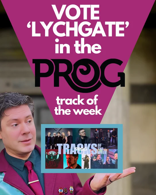 Michael Woodman with a hilariously AI smoothed face wearing a purple suit and gazing at the Prog Magazine 'Track of the Week' banner, along with the text 'Vote 'Luchgate' in the prog track of the week'