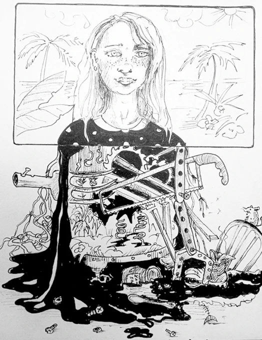 Drawing of a person with long hair whose upper body has internal health related disease  but has no visible disease on thier face.  " You look well"  Via @dormousedoddles 