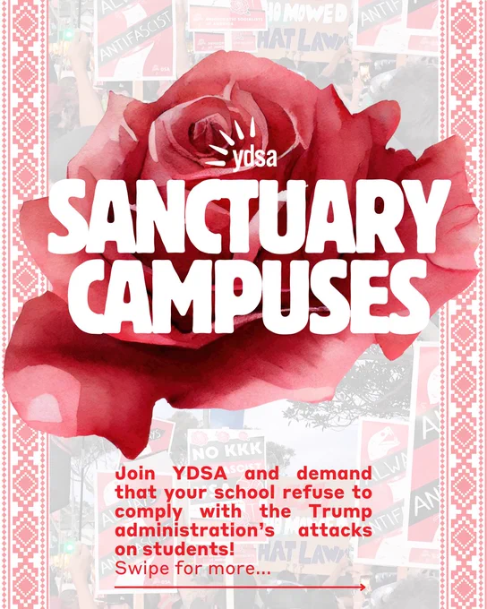 Red rose with the YDSA logo and text “SANCTUARY CAMPUSES” over it.

Text below “Join YDSA and demand that your school refuse to comply with the Trump administration's
attacks on students!
Swipe for more...”