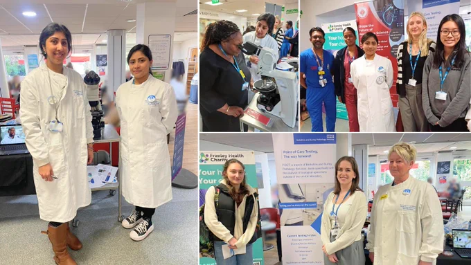 Collage of NHS staff and visitors at a health fair, featuring informational booths and discussions.