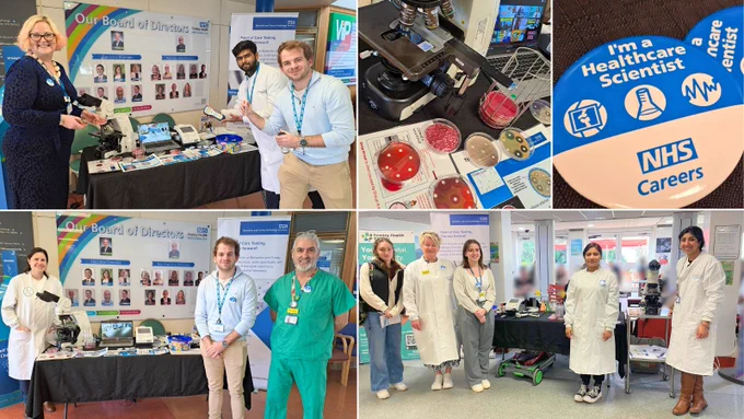 A collage of images from an NHS Careers event featuring individuals in various healthcare roles interacting and showcasing informative materials at different booths.