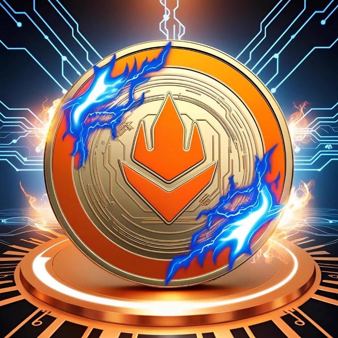 A golden, fiery coin with a bold emblem at its center, surrounded by swirling orange and blue flames. The background glows with a futuristic blockchain network, symbolizing power and energy.