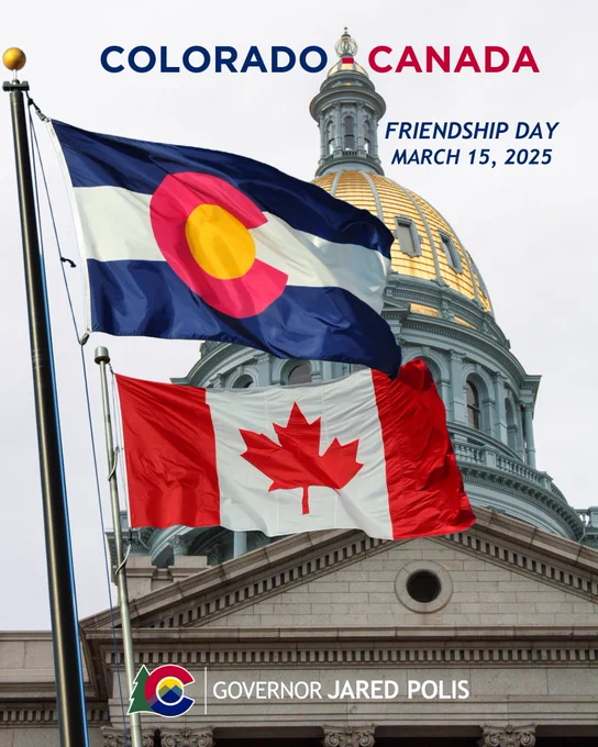 Photo of Colorado State Capitol dome and building with a Colorado and Canadian flag superimposed on flag poles.