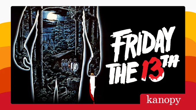 Promotional image for "Friday the 13th" featuring a dark, eerie forest scene with a group of people and a prominent movie title in red, hosted by Kanopy.