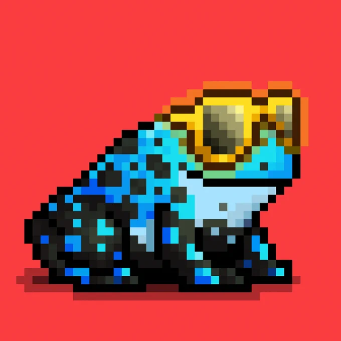 Blue with spots and goldie glasses Lil Sapos on red background.