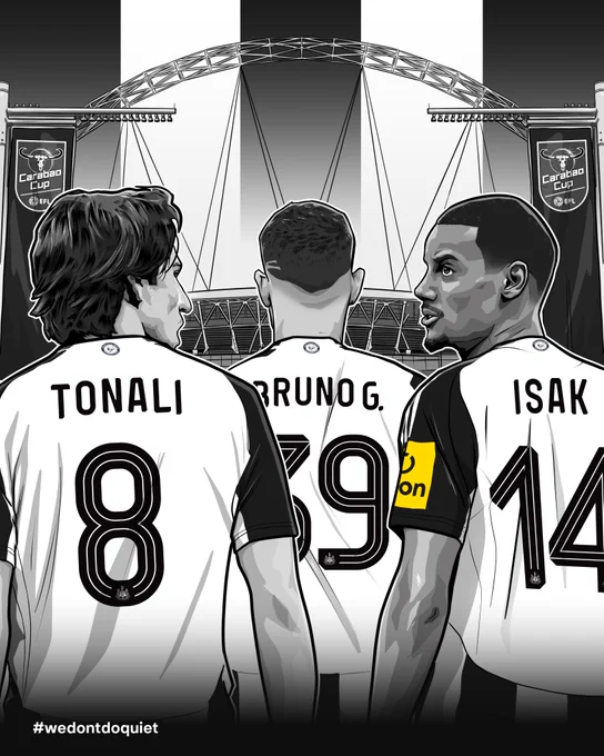 Illustration of Sandro Tonali, Bruno G and Alex Isak on Wembley Way with the arch ahead of them.