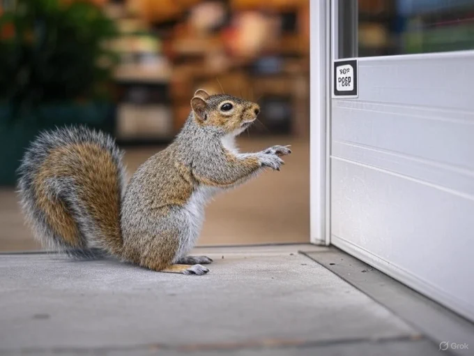 Squirrel in awe of automatic door