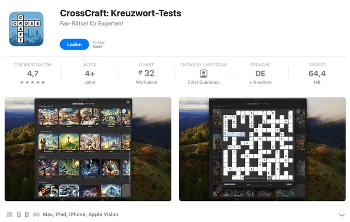 Screenshot from Apples App Store: CrossCraft: Kreuzwort-Tests. Fan-Rätsel für Experten. 7 Reviews, 4  Years, Chart #32 in Wortspiele, Developer Cihat Guenduez, Language German and 6 more, Size 64,4 MB