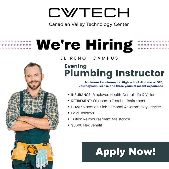 Hiring an Evening Plumbing Instructor.  High school diploma or GED plus journeyman license and 3 years experience required.  Insurance, retirement, leave, paid holidays, tuition reimbursement, and $3,600 flex benefit all included.  Apply now.
