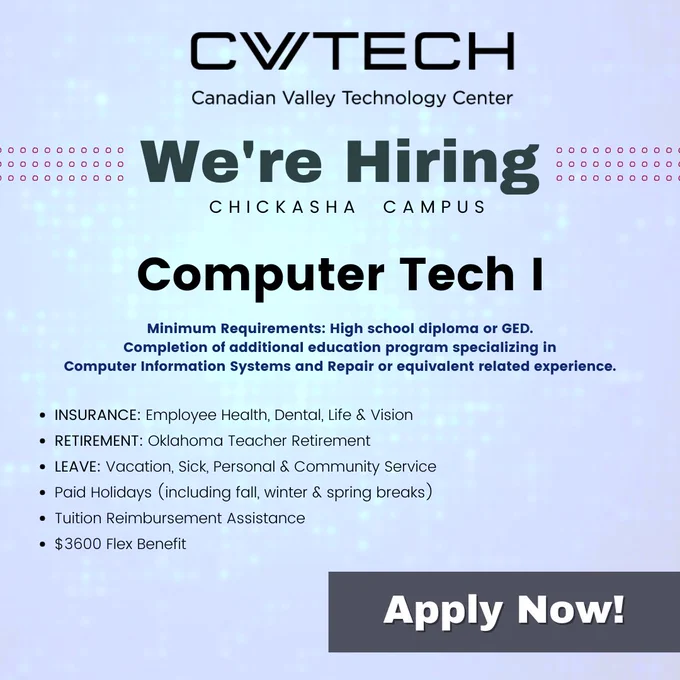Hiring a Computer Tech I.  High school diploma or GED plus specialized computer training required.  Insurance, retirement, leave, paid holidays, tuition reimbursement, and $3,600 flex benefit all included.  Apply now.