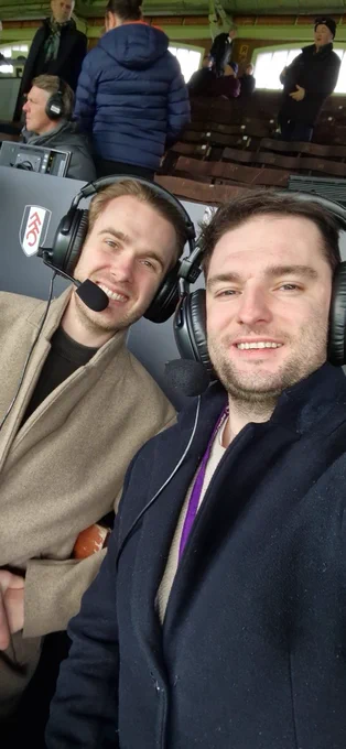 Photo of Nick and Sam in their commentary positions in the Johnny Haynes Stand pre-match