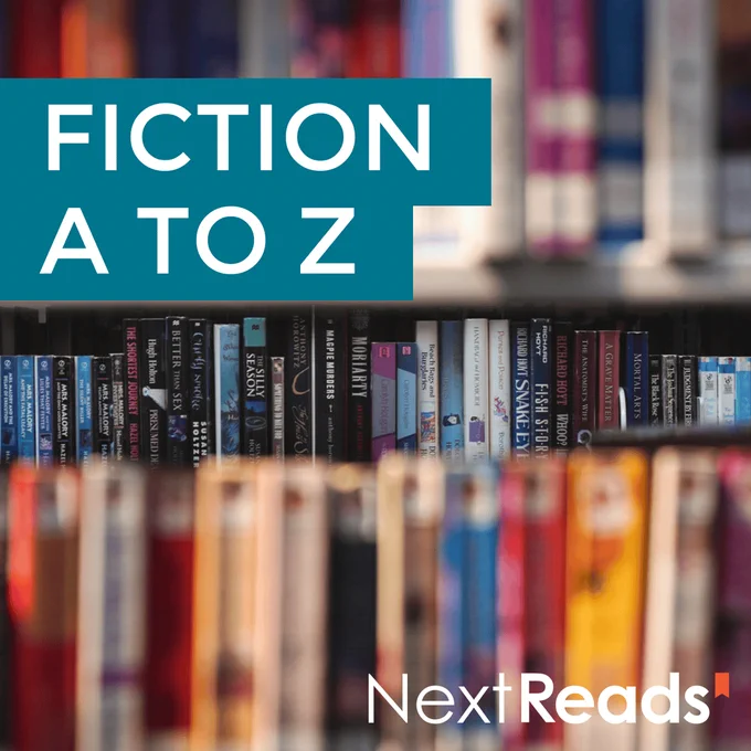A photo of library bookshelves. The top left says “Fiction A to Z” and the bottom right has the NextReads Logo