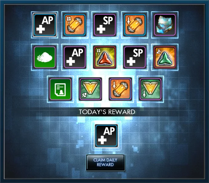 The Daily Login Window in Secret World Legends displaying 14 boxes of in-game rewards at the top organized into three rows: two rows have 5 reward boxes and one row has 4 reward boxes. The specific reward for the day is displayed at the bottom of the Daily Login Window. The background of the window behind the reward boxes is blue with a slightly lighter blue grid intersecting it. There is text stating “TODAY’s REWARD” in white letters on a darker blue banner above a square containing an in-game icon displaying “ AP” for Ability Points on it. Below the icon box is a blue button containing the words “CLAIM DAILY REWARD” in a glowing blue.
