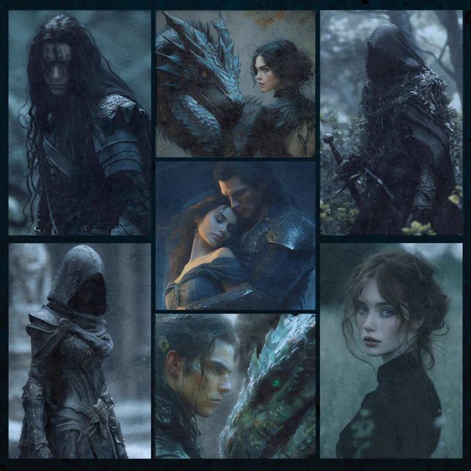 A man, a woman with a dragon, two cloaked figures, a man with a dragon, a woman, a man and a woman in an embrace