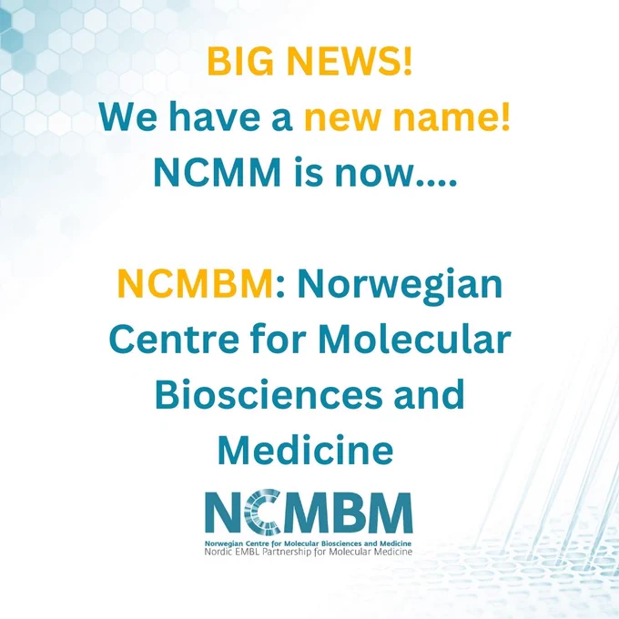 Poster announcement for NCMBM's new name - text with a light blue background with beehive-like motifs and pipette tips