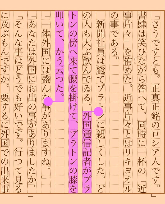 外国通信記者がプラトンの傍へ来て腰を掛けて、プラトンの膝を叩いて、かう云つた。