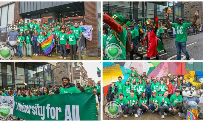 Montage of photos of UL students taking part in the Limerick St Patrick's Day parade