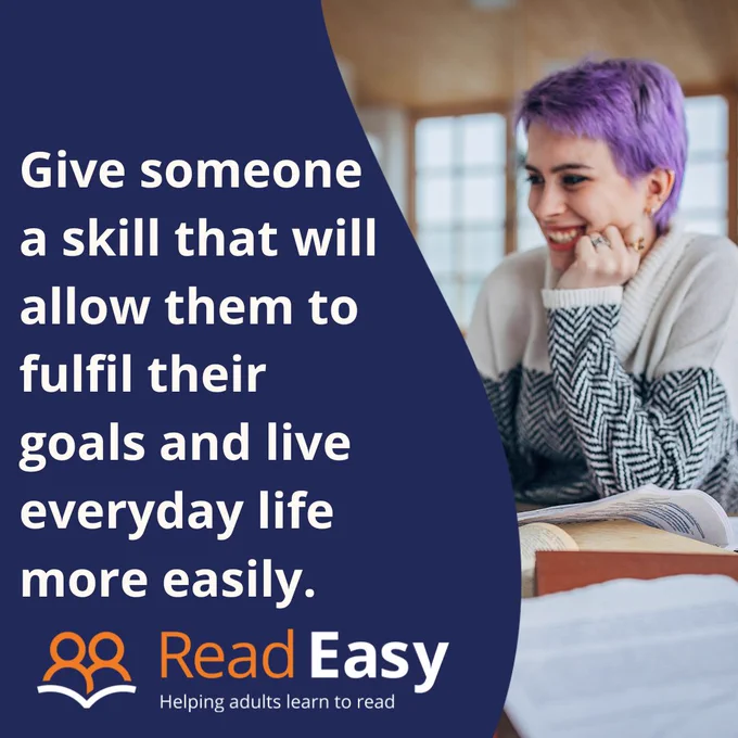 Text reads: Give someone a skill that will allow them to fulfil their goals and live everyday life more easily. Photograph shows a woman with purple hair smiling and surrounded by books and papers