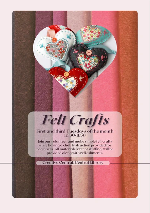 Pink, and orange toned felt rolls form a vertically striped background. In the middle of this is a scalloped-edged circle showing a photo of some hearts sewn out of coloured felt and scraps of floral fabric.