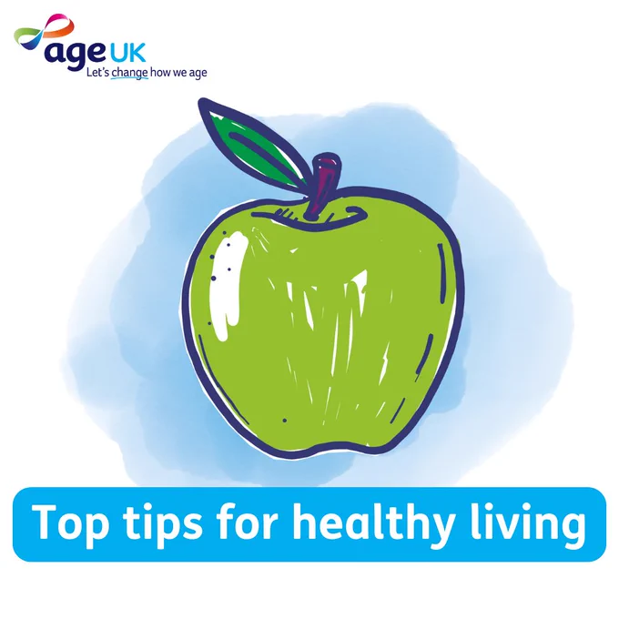 Logo of Age UK with a stylized green apple illustration, accompanied by the text 'Top tips for healthy living.'