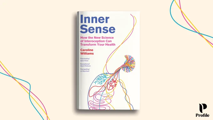 The book Inner Sense by Caroline Williams on a cream background with colourful wavy line details 