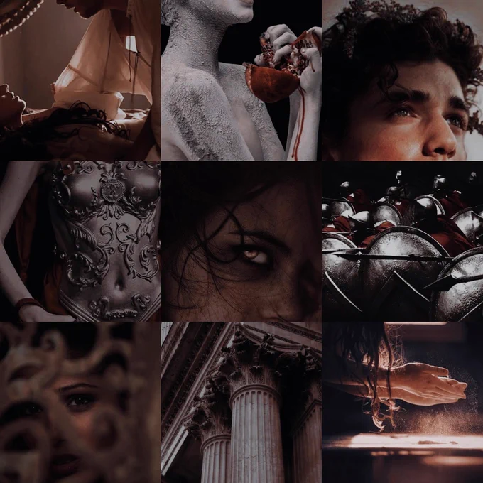Grid of nine images: a woman laid on a bed with a man hovering over her, a woman painted in white to resemble a statue holding a broken pomegranate, the upper half of a man’s face with curly hair and a circlet placed upon it, the silver armour of a woman with a red cloak, close up of a woman’s face with wild windswept hair and a glowing Amber eye, Greek/roman style soldiers dress in red holding formation with spears and shields, a woman peering out through a doorway, the intricate columns of a temple, a woman’s hands rubbing sand on them in the sunbeam.