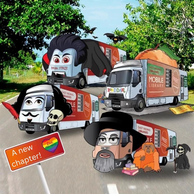 Graphics of East Riding Libraries mobile vehicles with a sign saying 'A new chapter!'
