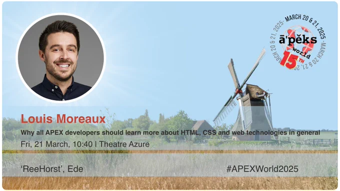 Why all APEX developers should learn more about HTML, CSS and web technologies in general
Friday, 21 March, 10:40 | Theatre Azure