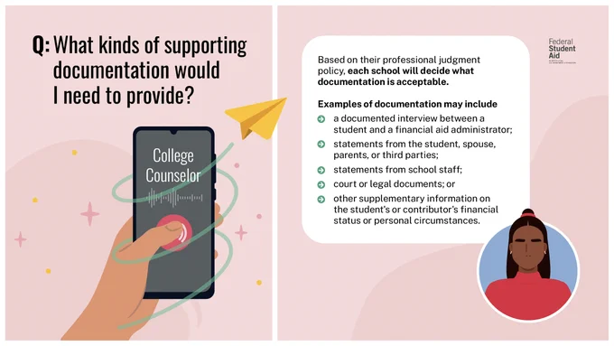 Q: What kinds of supporting documentation would I need to provide? 
A: Based on their professional judgment policy, each school will decide what documentation is acceptable. Examples of documentation include a documented interview between a student and a financial aid administrator; statements from the student, spouse, parents, or third parties; statements from school staff; court of legal documents; or other supplementary information on the student’s or contributor’s financial status or personal circumstances. 
