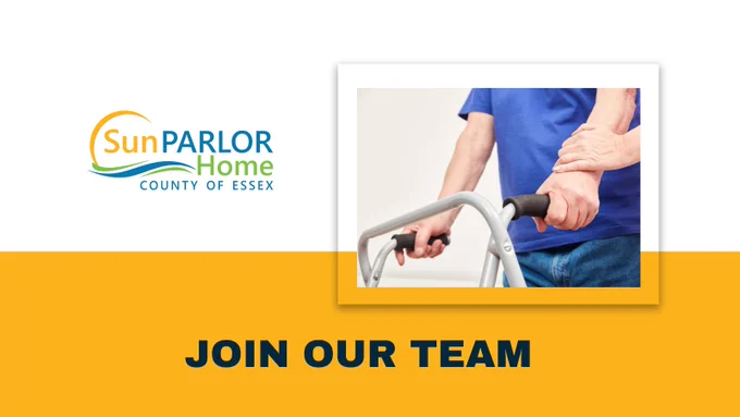 Sun Parlor Home logo. Join our team. Hands on a walker and another hand assisting.