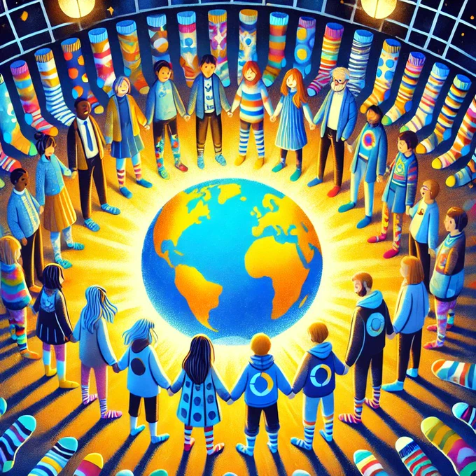 Colorful illustration of people holding hands around the world.