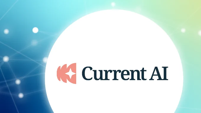 In der Bildmitte ist in einem weißen Kreis das Logo von Current AI mit Schriftzug abgebildet. Der blaue Hintergrund zeigt einen Farbverlauf mit abstrakten verbundenen weißen Punkten, die einem digitalen Netzwerk ähneln.