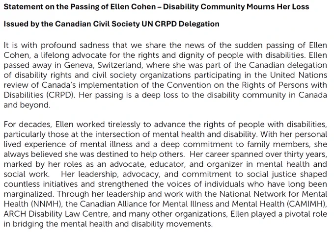 Text-based image of statement on the passing of Ellen Cohen - part 1/2. 