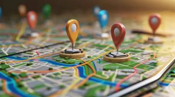 A digital map with multiple colorful location pins marking various spots on the map surface.