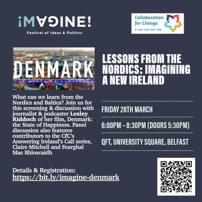 Flyer for Imagine Festival event Lessons From the Nordics: Imagining a New Ireland, QFT, Belfast, Friday, 28 March, 6.00 to 8.30pm. With QR code and registration link (also in main text)