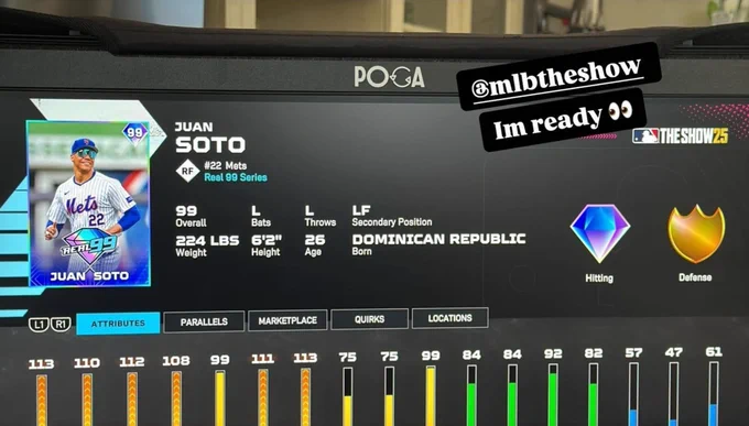 A screenshot of Juan Soto's Real 99 card in MLB The Show 25, featuring his stats in the game. Text on the screen from Soto's Instagram story reads: 
atmlbtheshow
Im ready 👀