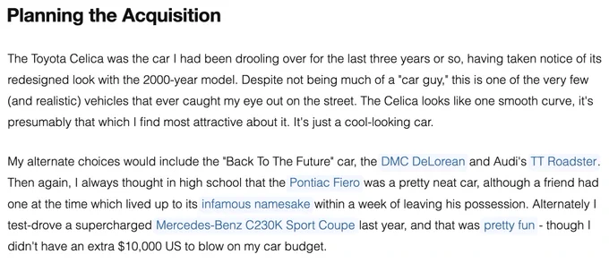 "Planning the Acquisition" - from my web site, when I wrote about buying the Celica.