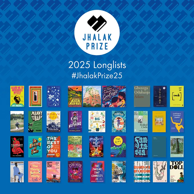 Reel of images with  blue background and our logo and information at the top with slides of book jackets of books longlisted for Jhalak Poetry, Prose and Children's & Young Adult awards 2025. Link to longlists in our bio. 