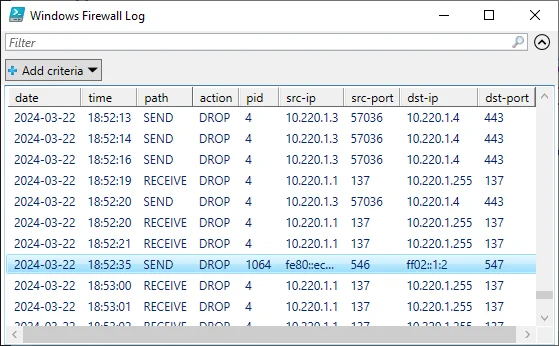Screenshot from a PowerShell script showing a list of dropped packets from the event log.