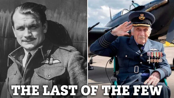 Paddy in uniform during the war and a recent photo next to his aircraft 