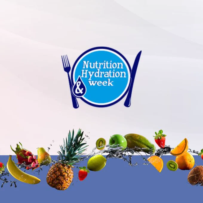 Logo for Nutrition and Hydration Week above a colourful array of fresh fruits including pineapple, strawberries, and oranges, splashing in water.