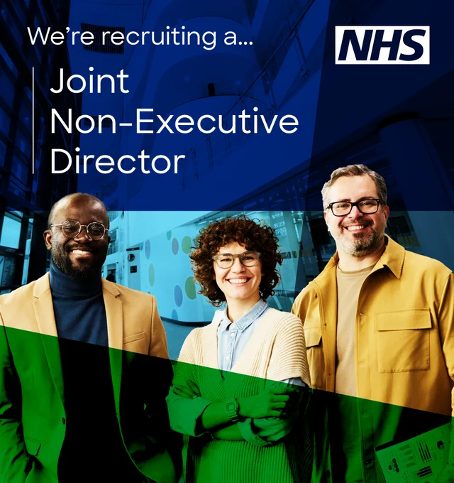 Three smartly dressed professionals smiling. Wording reads We are recruiting a joint non executive director