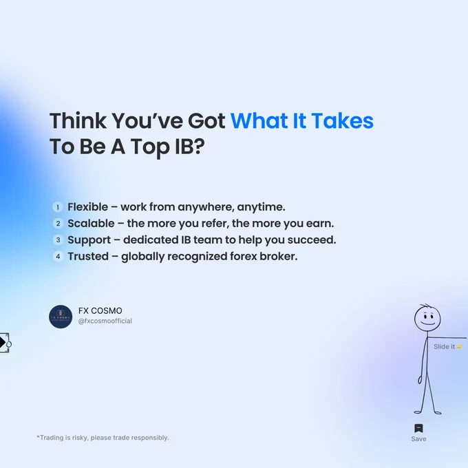FX Cosmo graphic asking 'Want To Earn Big Without Trading A Single Dollar?' Promotes becoming an Introducing Broker to turn your network into a revenue stream. Includes FX Cosmo logo and disclaimer.