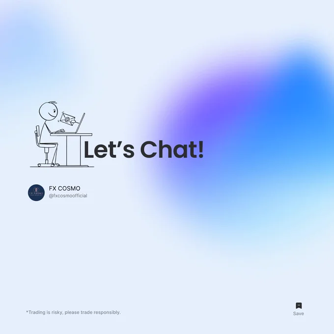 FX Cosmo graphic saying 'Let's Chat!' Encourages users to connect for more information. Includes FX Cosmo logo, handle @fxcosmocfficial, and trading risk disclaimer.