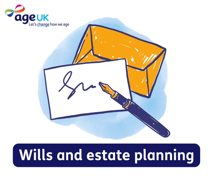 Logo of Age UK with an illustration of an envelope, a letter with a signature, and a fountain pen, titled "Wills and estate planning."